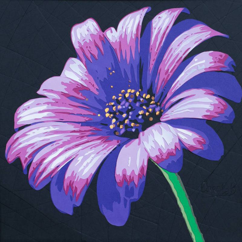 Asteraceae ou fleur de souci violet bleu. fond noir. Découpage collage papier Carole b