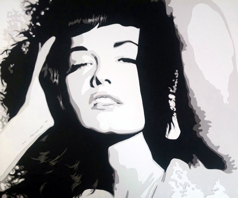 Bettie Page, femme, sexy et glamour, ici dans un portrait simple et en noir en blanc. Découpage collage papier, Carole b