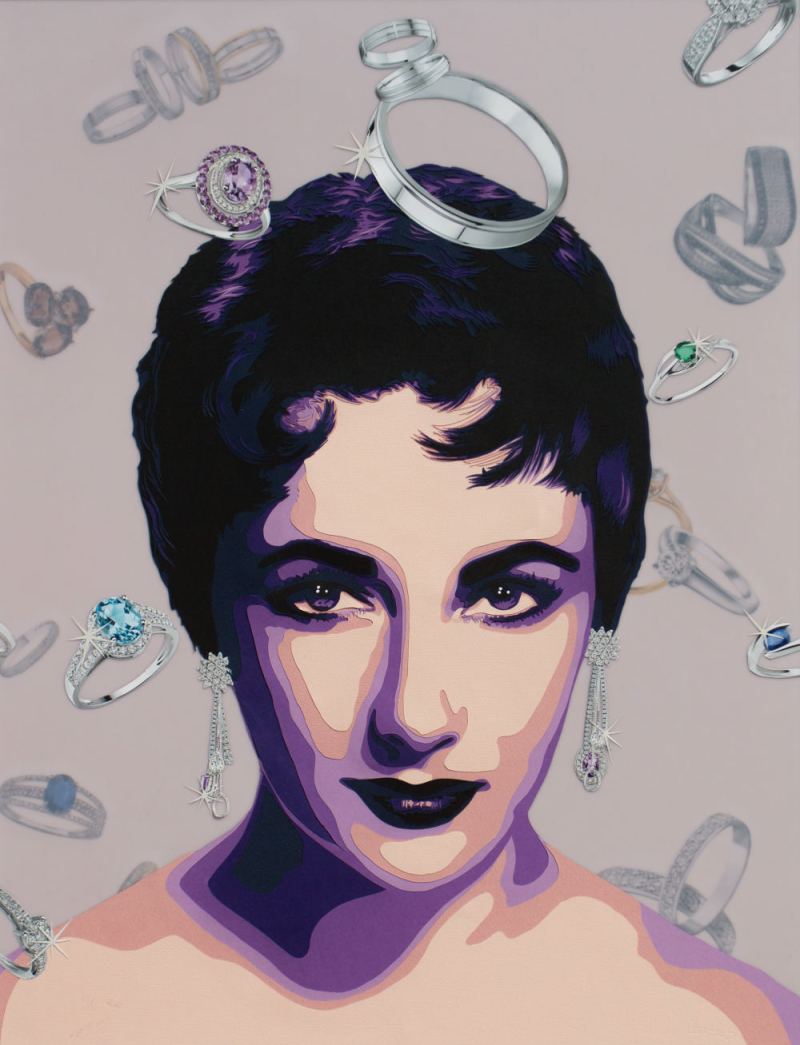 Portrait de Liz Taylor jeune, avec une pluie de bagues qui représente ses amours. Découpage collage par Carole b