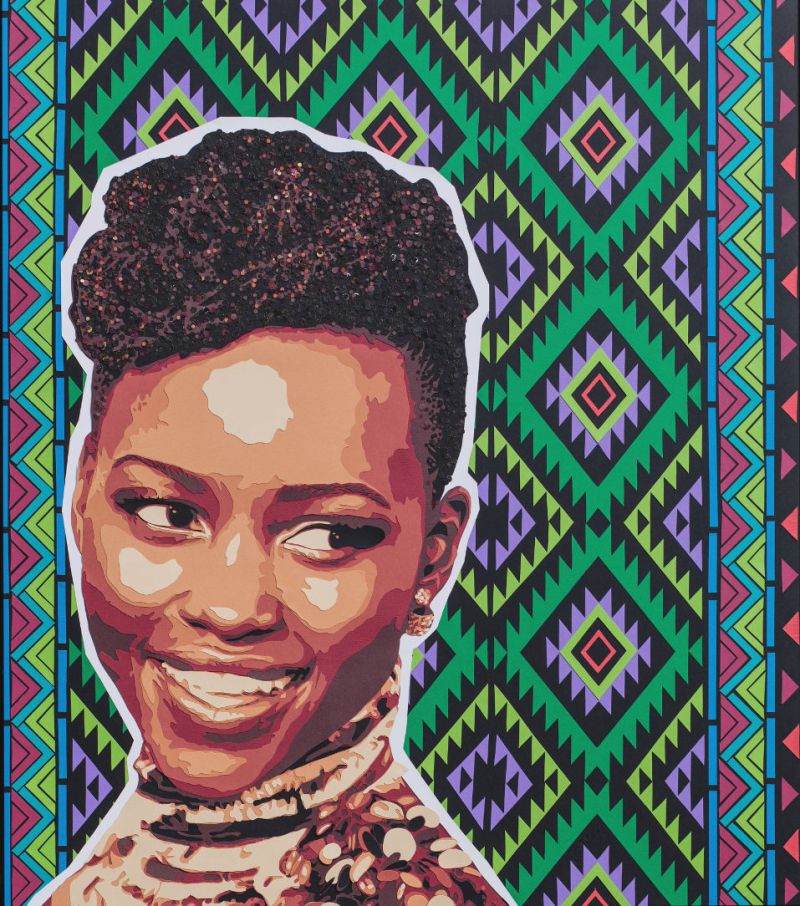 Portrait de Lupita Nyong'o, actrice kényane/mexicaine avec motifs. Découpage collage en papier par Carole b