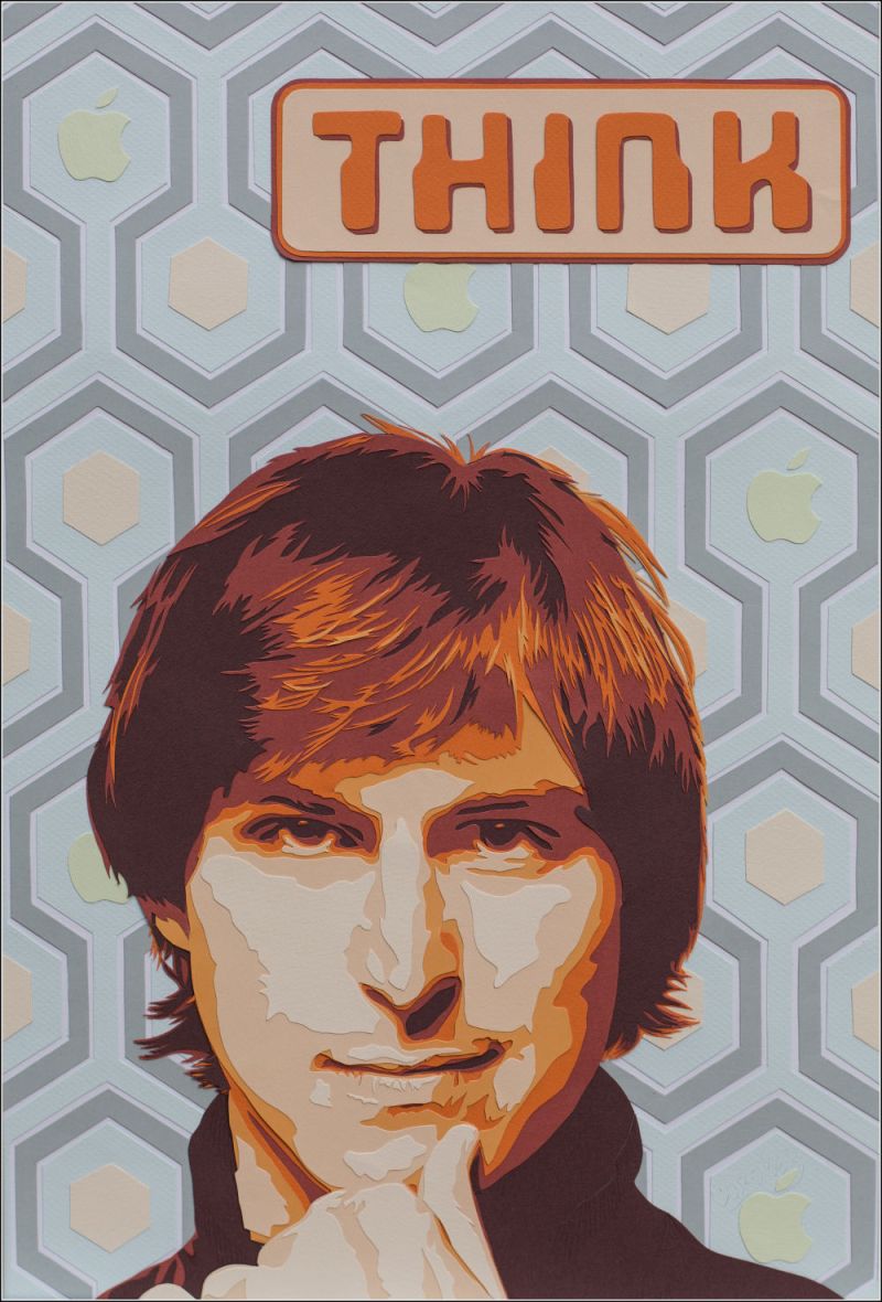 Un papier peint hexagones façon 70's, des mini pommes, des couleurs criardes... Steve Jobs le penseur au cœur dans sa jeunesse! Découpage collage Carole b