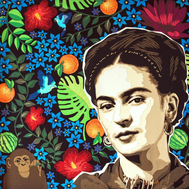 Frida Kahlo, son univers : jungle, singe, perroquet, fleur, orange, pastèque... Le titre rappelle son dernier tableau. Découpage collage papier, Carole b
