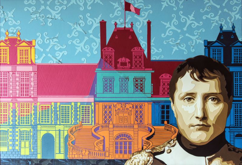 Portrait de Napoléon Bonaparte dans la cour des adieux du château multicolore de Fontainebleau. Découpage collage, papier par Carole b.