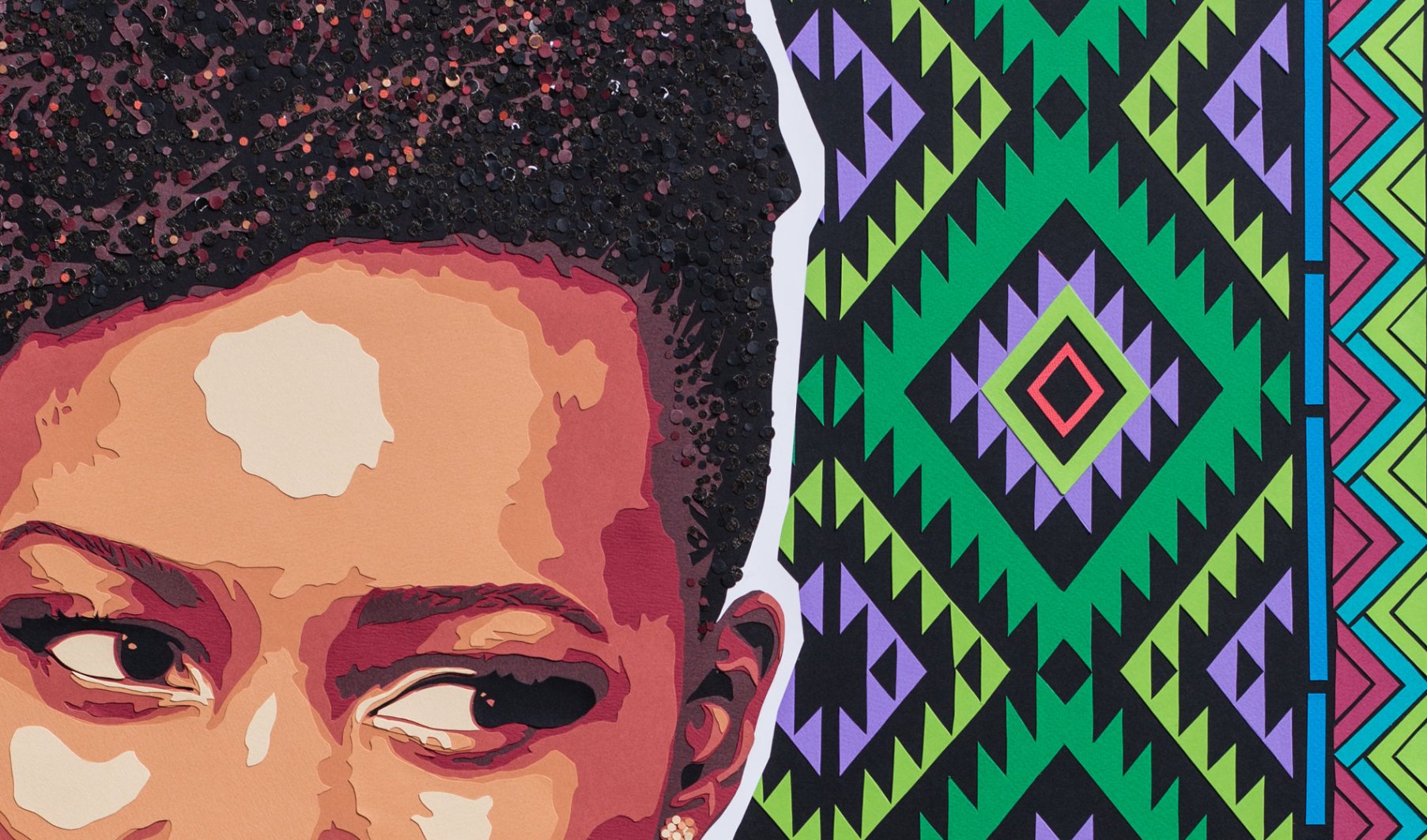 Détail visage Lupita Nyong'o actrice 12 years a slave, sur fond géométrique (Mexique, Kenya). Découpage collage Carole b