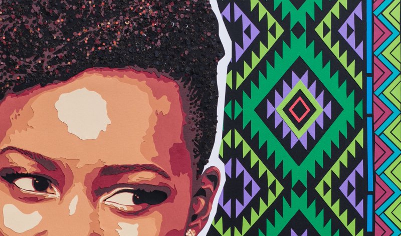 Détail visage Lupita Nyong'o actrice 12 years a slave, sur fond géométrique (Mexique, Kenya). Découpage collage Carole b