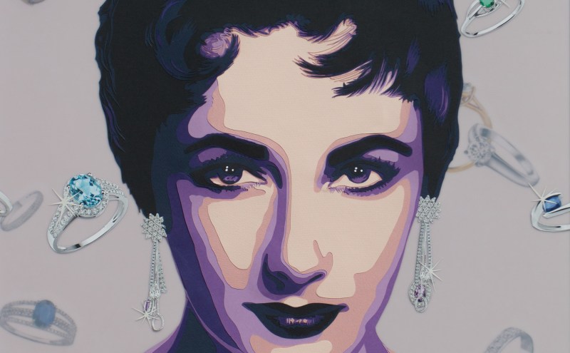 Actrice Liz Taylor aux yeux violet et aux bijoux. Découpage collage papier Carole b