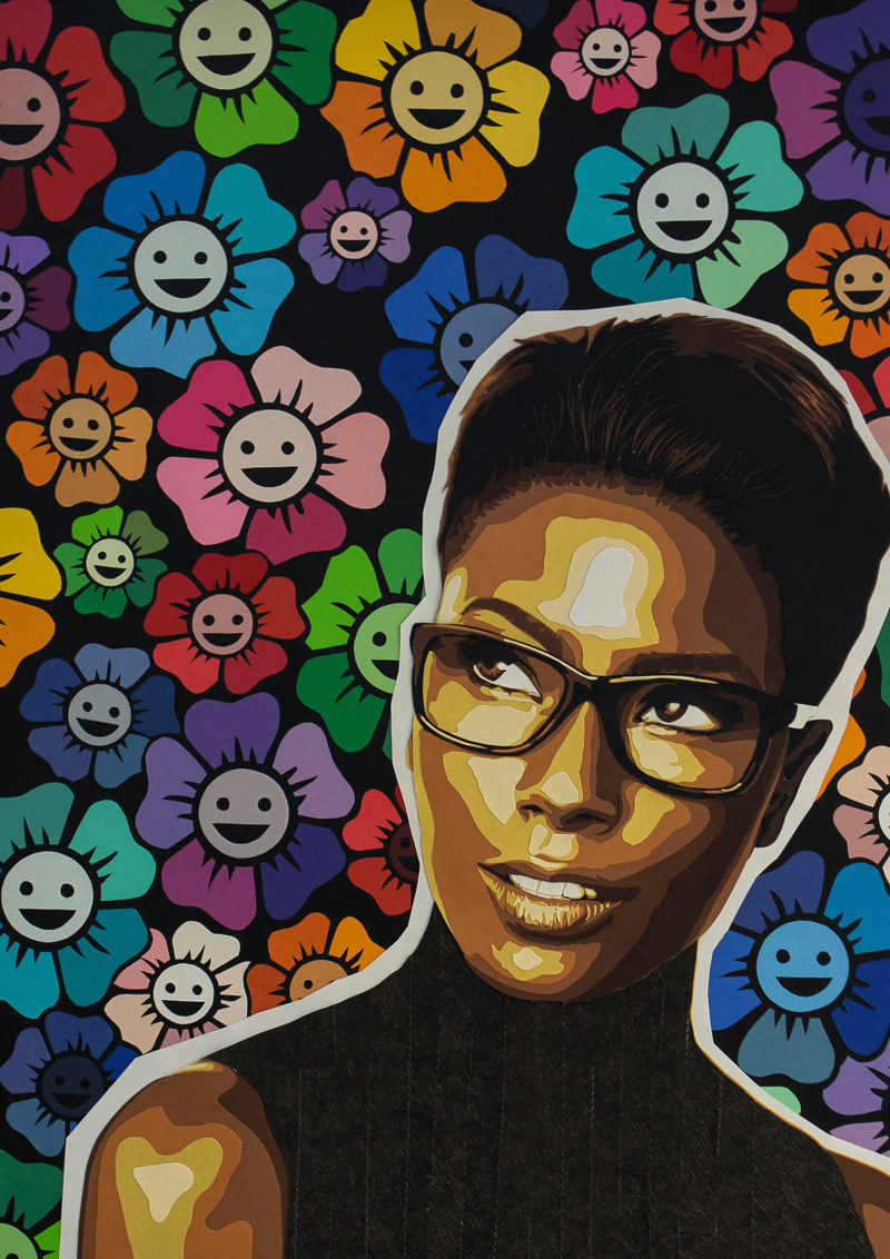 Ici mon model, c’est Deddeh Howard, un mannequin noir qui recréée des publicités célèbres pour dénoncer le manque de diversité ethnique dans le monde de la mode. J'ai souhaité appuyer sa démarche en recréant des fleurs, façon Murakami, un artiste japonais qui a notamment collaboré avec la marque Louis Vuitton. Et voilà, la boucle est bouclée ! 2017 65 X 50 cm Découpage collage papier